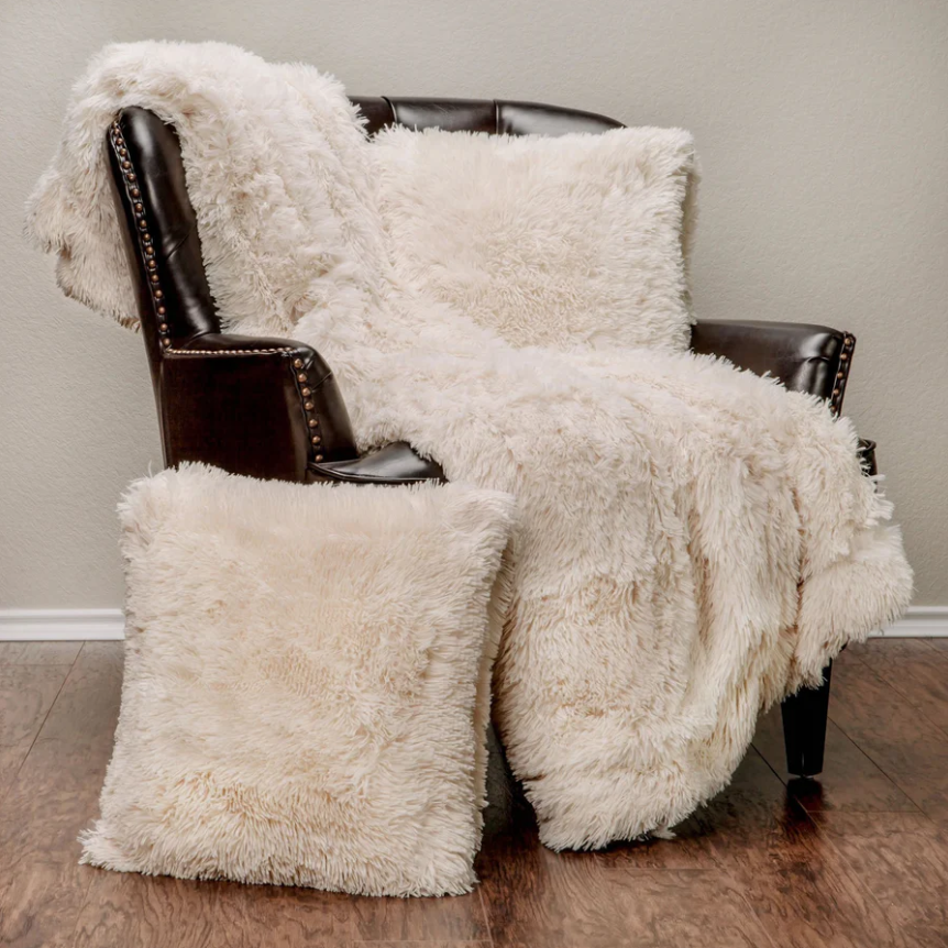 Solid Long Fur Throw & Pillow Cover Set